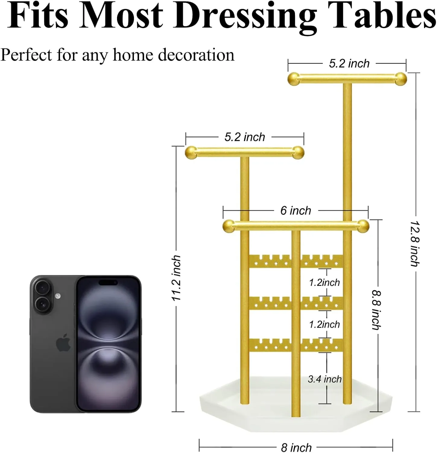 Jewelry Necklace Holder Organizer Metal Stand, Jewelry Tree Display Decor Hanging Earring Bracelet and Rings Tall Jewelry Hanger storage Cute Gifts for Women Gold White
