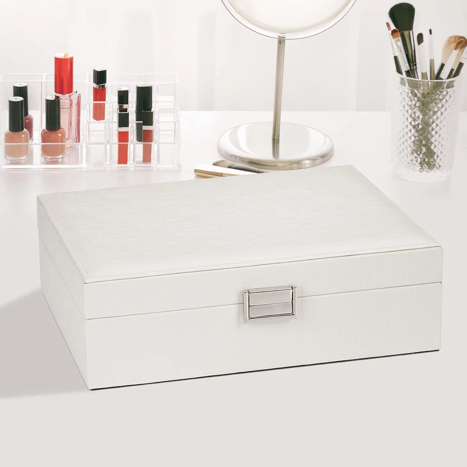 Jewelry Organizer Box for Girls Women - Double Layer Large Travel Jewelry Case with Gift Box/White