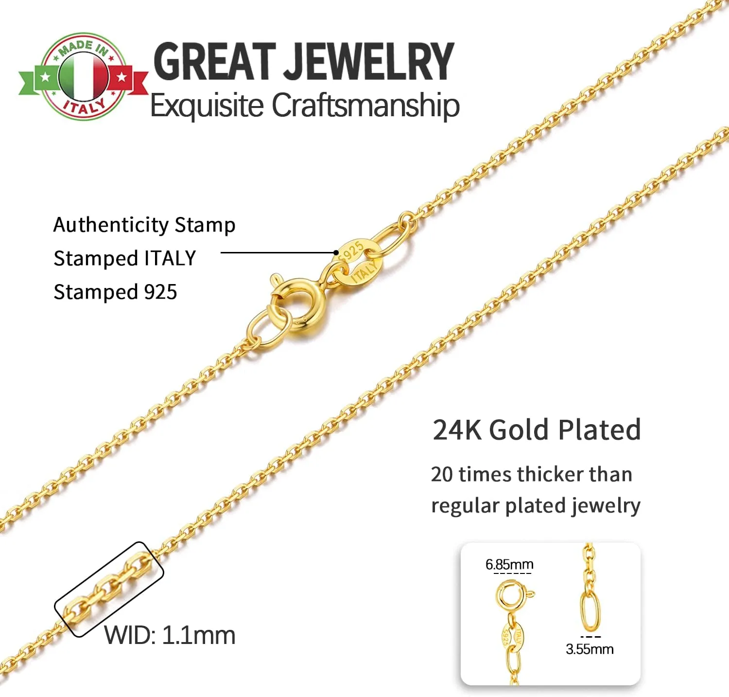 Jewlpire 1.1mm Italian Solid 24k Real Gold Over 925 Sterling Silver Chain Necklace for Women, Thin Cable Chain Shiny & Lightweight & Sturdy Women's Chain Necklaces, 16 18 20 22 24 Inch