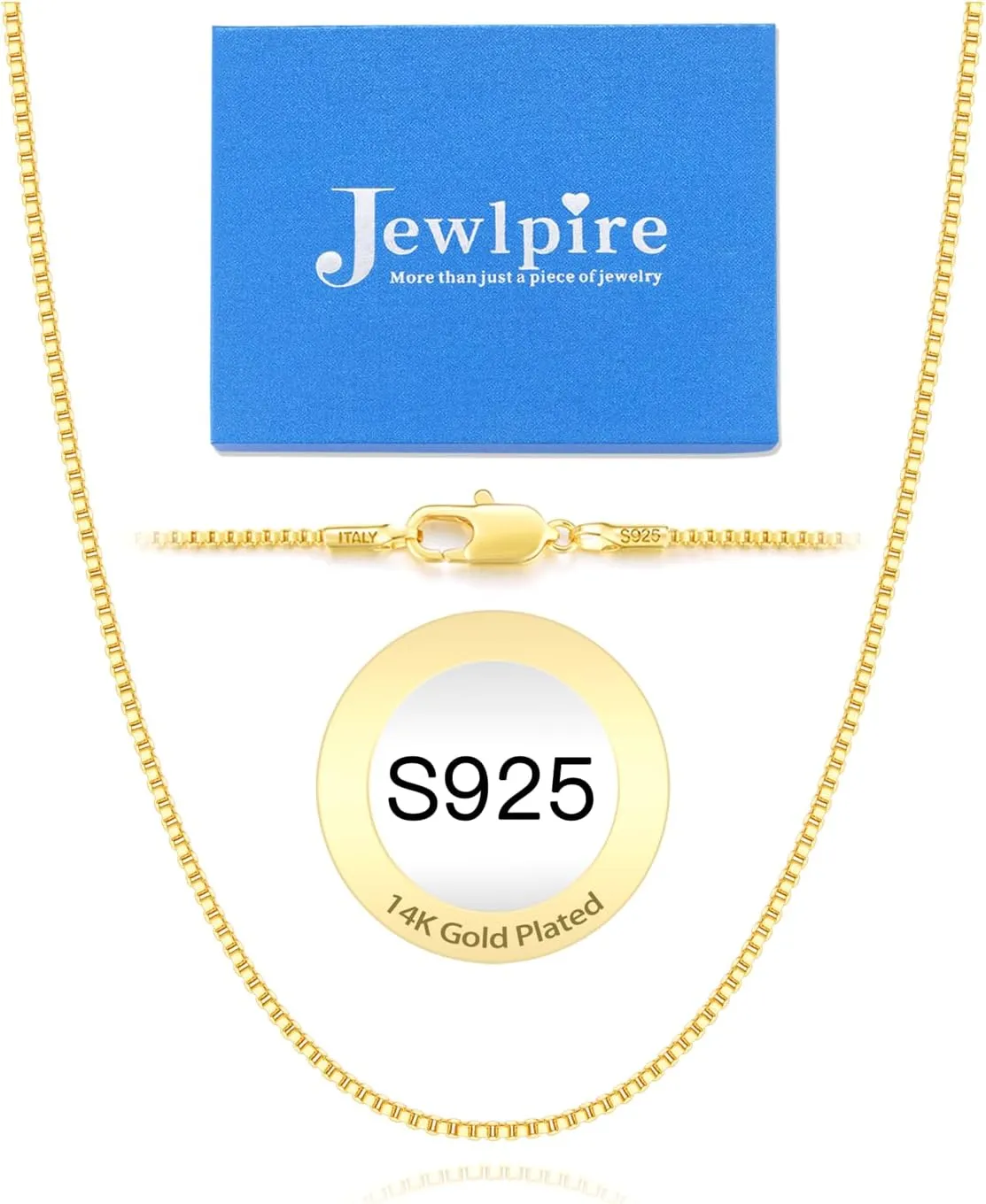 Jewlpire Italian 14K Gold Over 925 Sterling Silver Chain Necklace for Women, 1.1mm 1.3mm Box Chain Sturdy & Shiny Women's Chain Necklaces 14 16 18 20 22 24 26 Inch