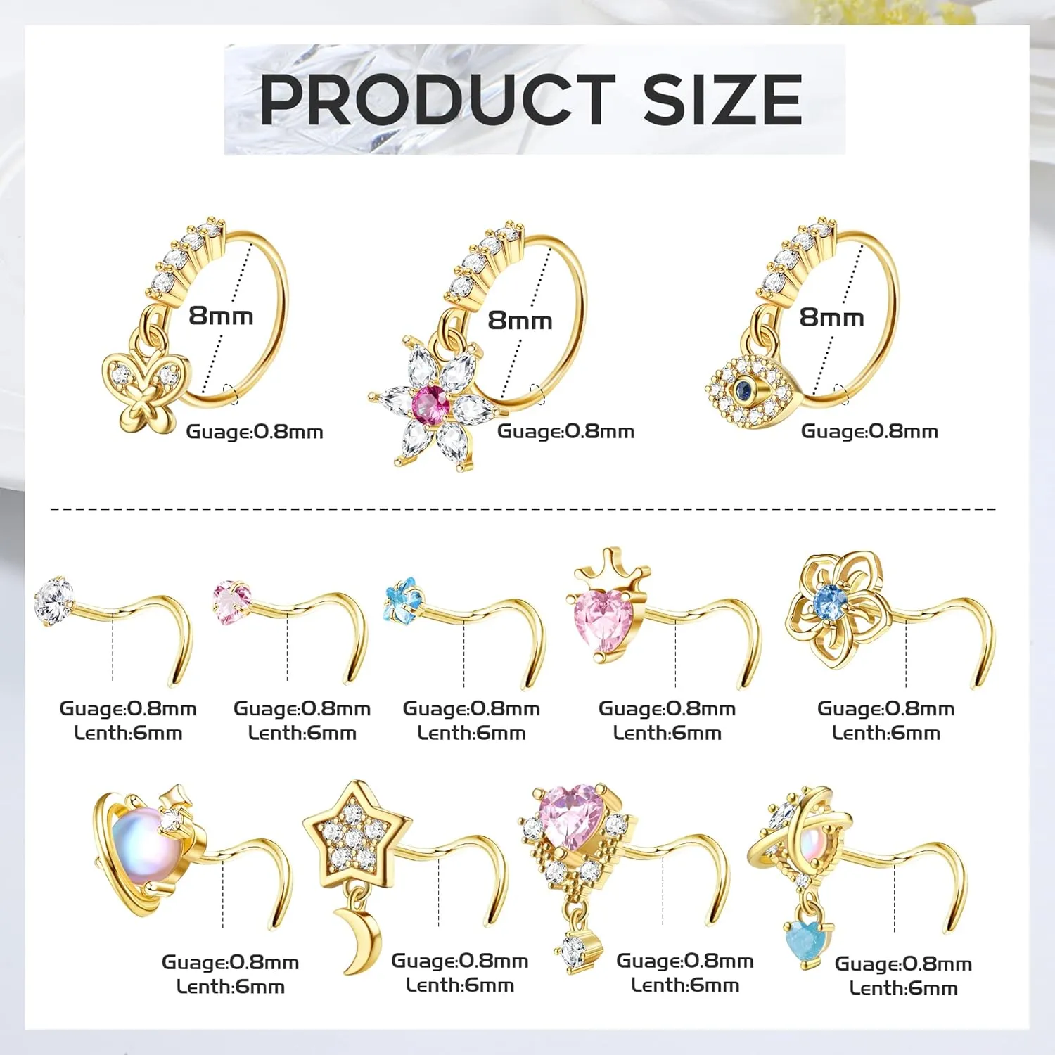 JOERICA 12 Pcs 20G Dangle Nose Rings and Studs for Women - L Shaped Stainless Steel Hoops With Butterfly, Heart, Moon, Flower, Evil Eye, Crown CZ Dangling Piercing Jewelry