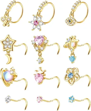 JOERICA 12 Pcs 20G Dangle Nose Rings and Studs for Women - L Shaped Stainless Steel Hoops With Butterfly, Heart, Moon, Flower, Evil Eye, Crown CZ Dangling Piercing Jewelry
