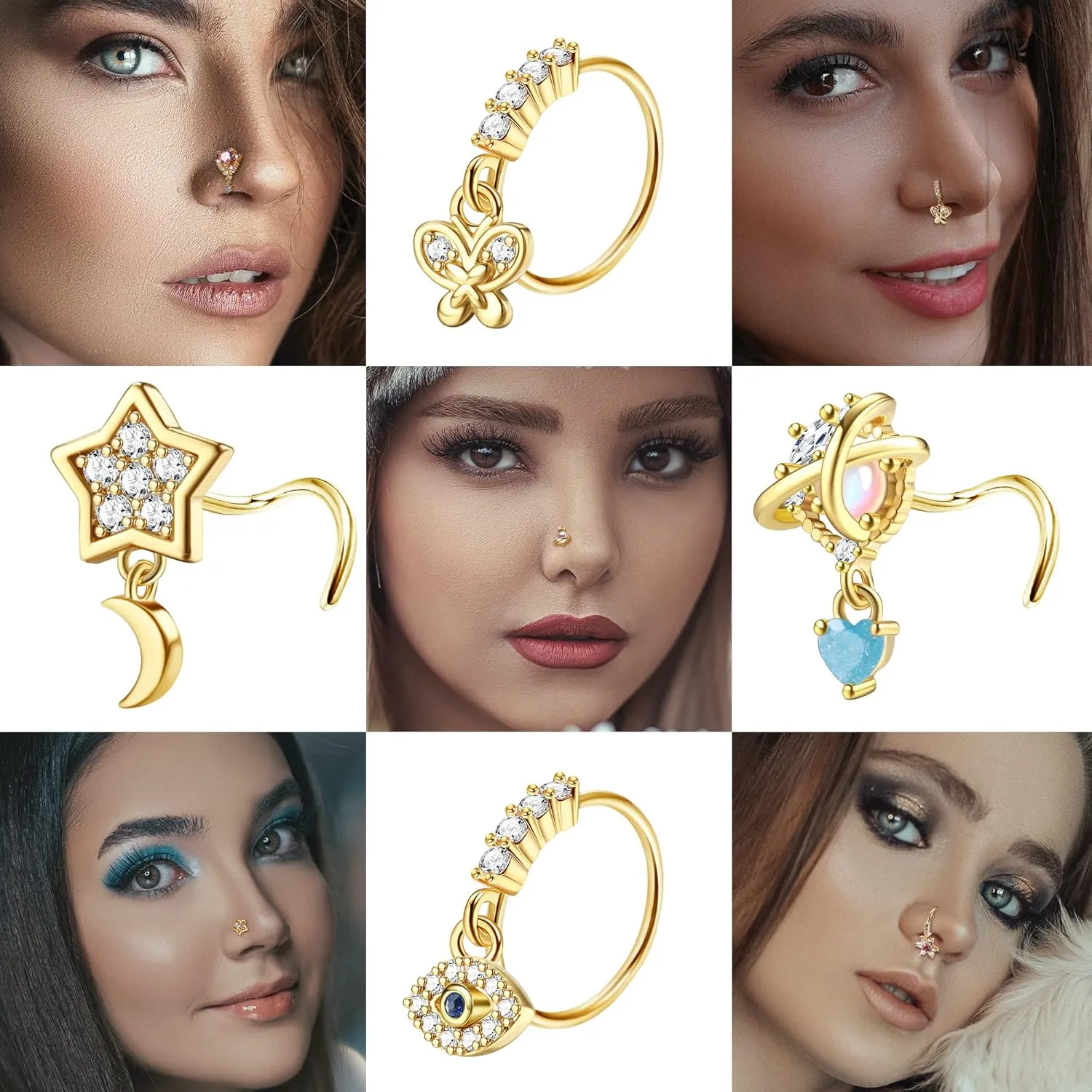 JOERICA 12 Pcs 20G Dangle Nose Rings and Studs for Women - L Shaped Stainless Steel Hoops With Butterfly, Heart, Moon, Flower, Evil Eye, Crown CZ Dangling Piercing Jewelry