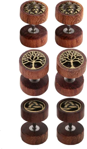 Jovivi 3pairs Organic Sono Wood Lion Head/Tree of Life Cheater Fake Ear Plugs Gauges 10mm Illusion Screw Stud Earrings for Women Men