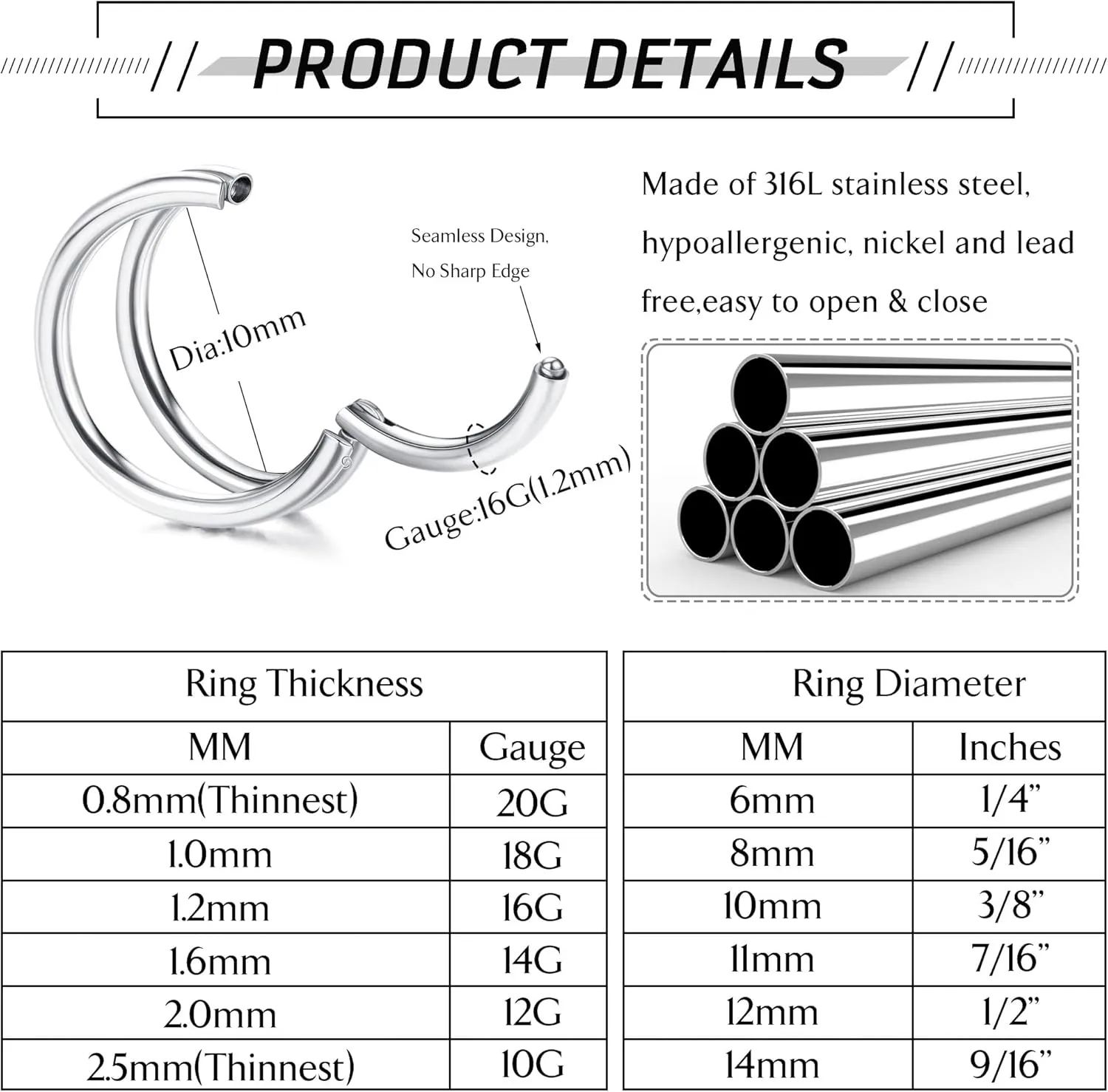 Jstyle 18G 16G Surgical Steel Nose Rings Hoops for Women Opal CZ Septum Rings Clicker Hinged Segment Nose Ring Lip Helix Cartilage Conch Daith Rook Nose Body Piercing Jewelry 8mm 10mm