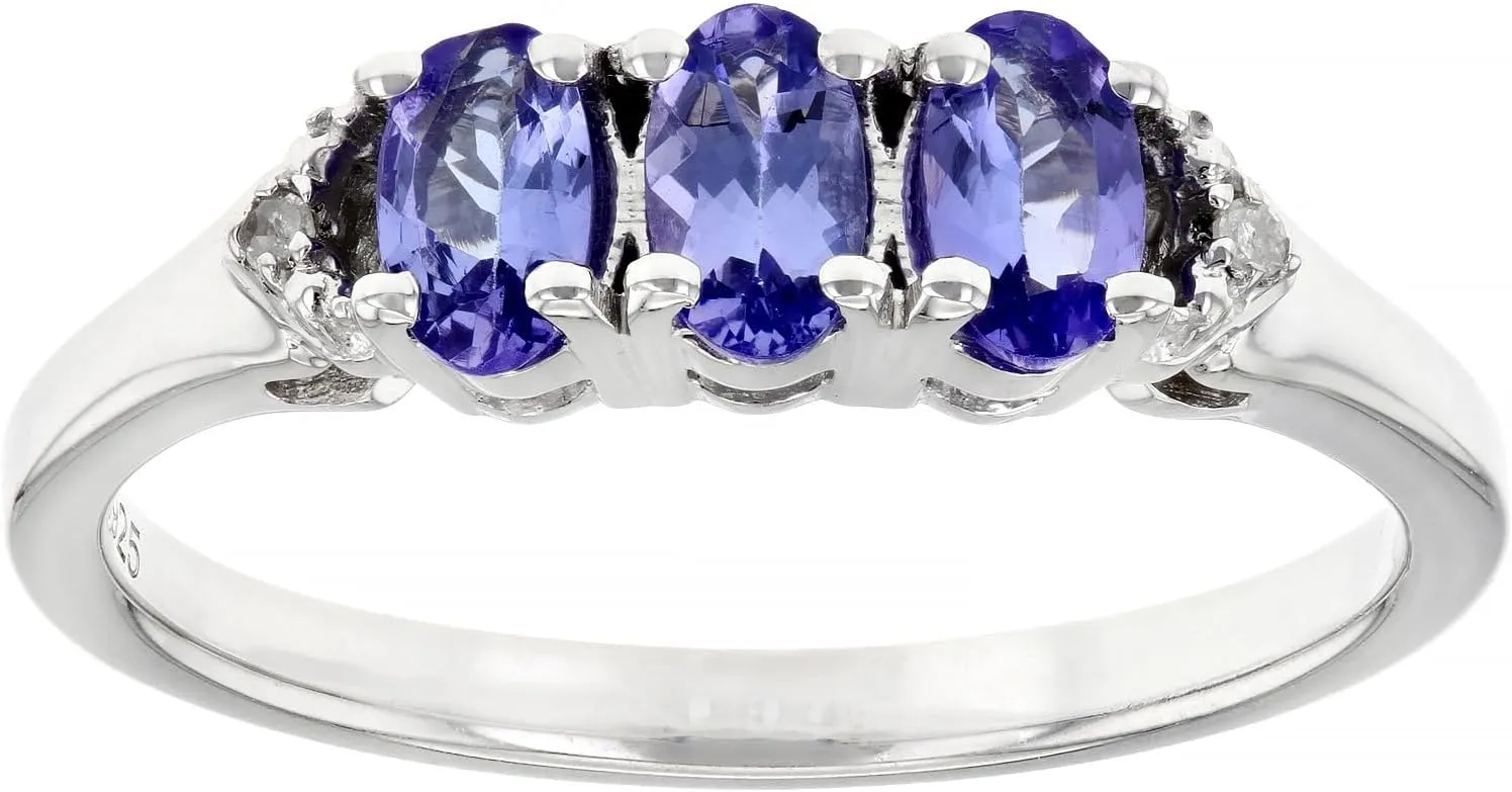 JTV Blue Tanzanite and White Diamond Sterling Silver Plated Ring - Tanzanite Rings for Women - Birthstone Jewelry - December Birthstone Rings - Sterling Silver Plated Rhodium - Silver Rings