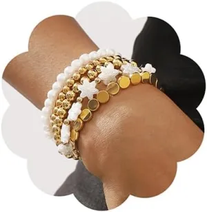 Jumwrit 5pcs Beaded Bracelets Set for Women Handmade Boho Pearl Beads Flower Stretch Bracelets Trendy Friendship Stackable Holiday Party Accessories Gift