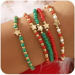 Jumwrit 5pcs Christmas Beaded Bracelets Set for Women Handmade Boho Colorful Beads Star Stretch Bracelets Trendy Friendship Stackable Holiday Party Accessories