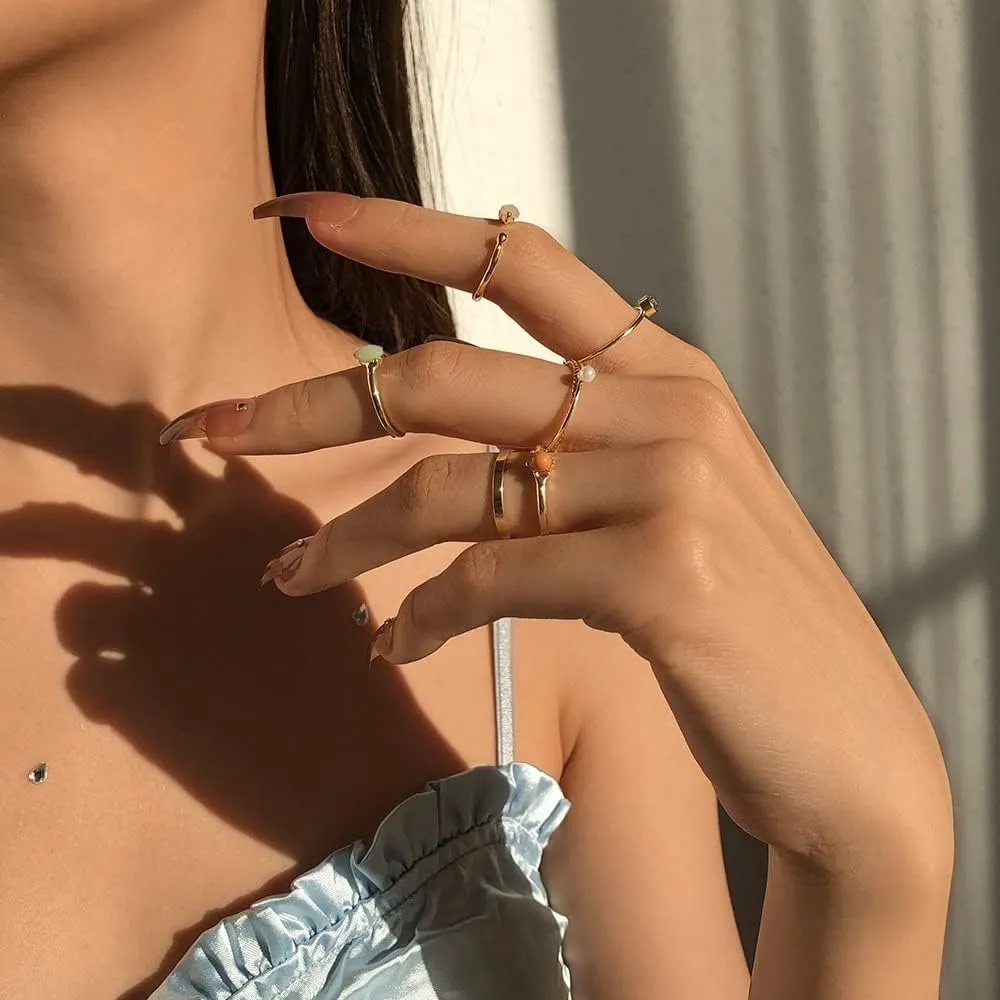 Jumwrit 6Pcs Knuckle Rings Set Vintage Simulated Pearl Ring Dainty Twist Ring Bohemian Rhinestone Ring Colourful Resin Rings Adjustable Open Ring Stackable Finger Rings for Women Girls(Gold)