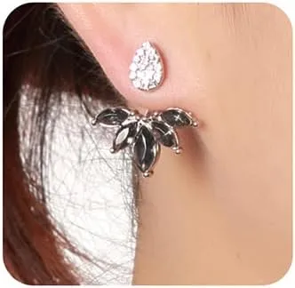 Jumwrit Leaf Feather Ear Jacket Rhinestone Teardrop Stud Earrings Ear Jacket Cuff Earrings Front Back Earrings for Women Chic Earrings SetSilver