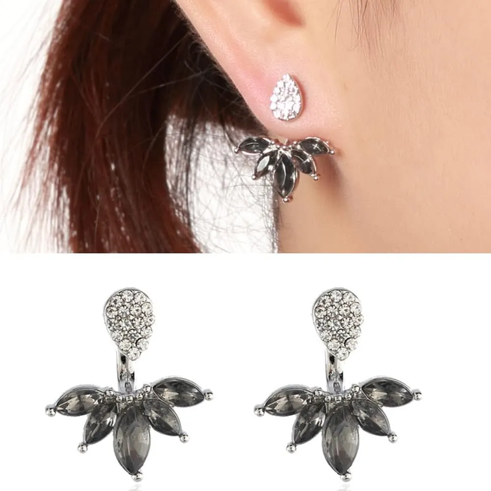 Jumwrit Leaf Feather Ear Jacket Rhinestone Teardrop Stud Earrings Ear Jacket Cuff Earrings Front Back Earrings for Women Chic Earrings SetSilver