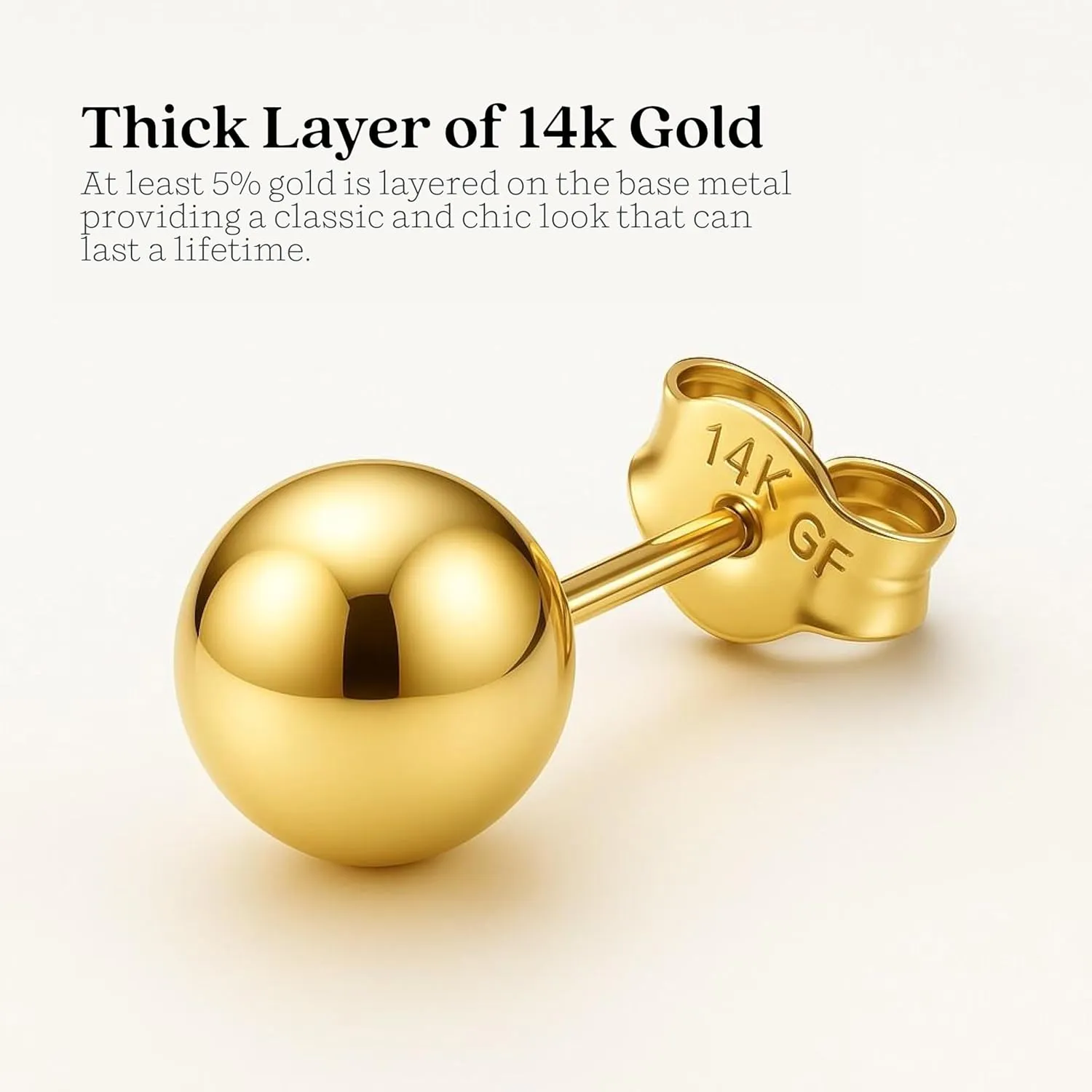 Kezef 14K Gold Stud Earrings for Women 14 k Real Gold Earrings, Solid Ball Filled Studs, Hypoallergenic Round Ear rings | Available from 3mm - 9mm