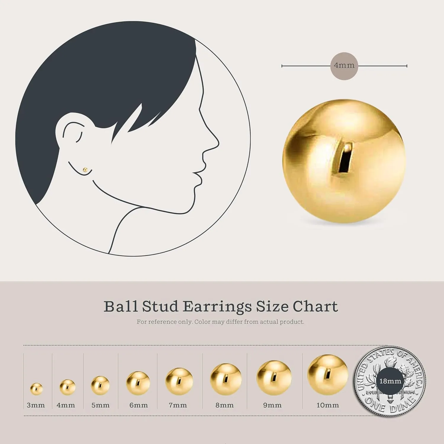 Kezef 14K Gold Stud Earrings for Women 14 k Real Gold Earrings, Solid Ball Filled Studs, Hypoallergenic Round Ear rings | Available from 3mm - 9mm