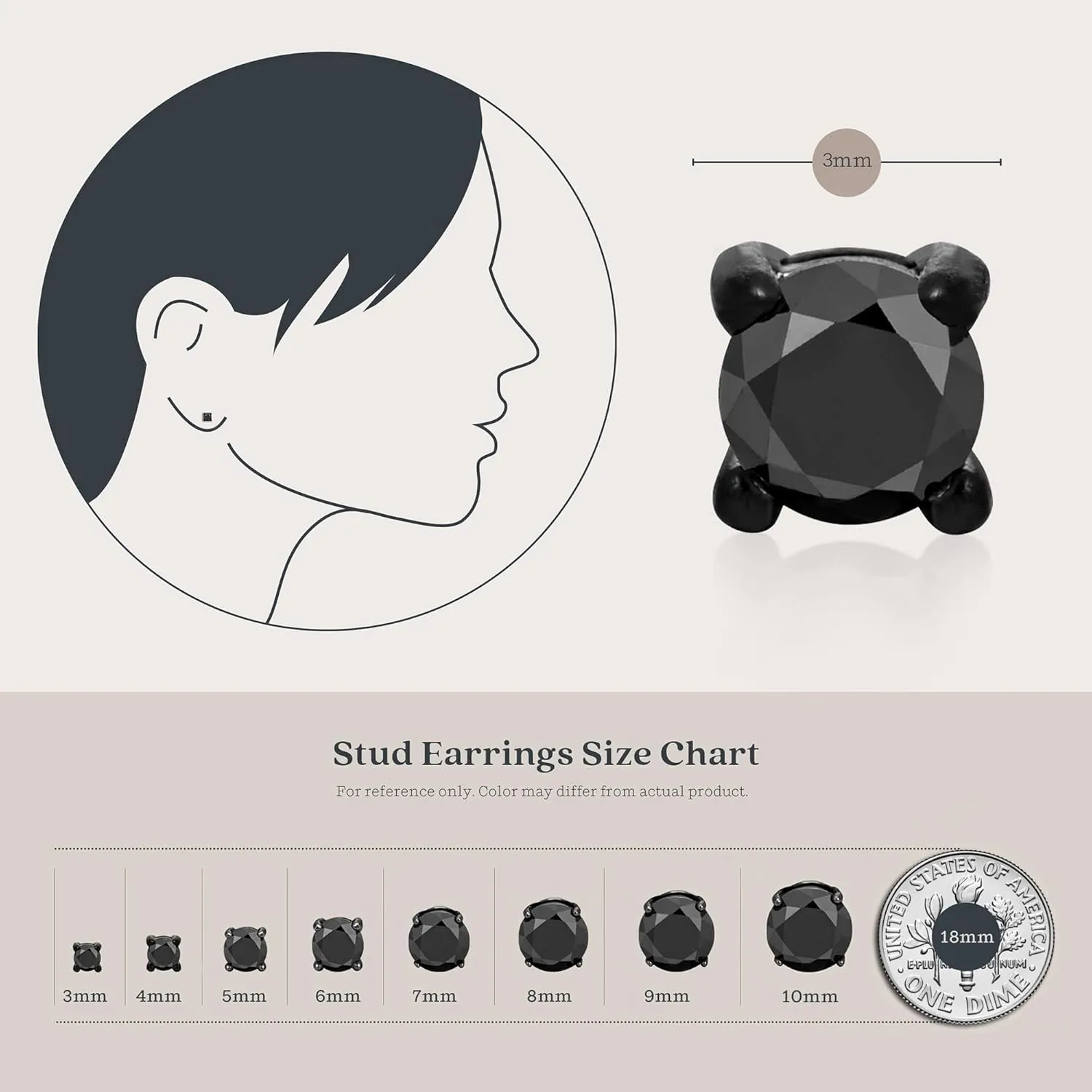 KEZEF Black CZ Stud Earrings for Men or Women, 14K Black Rhodium Plated Sterling Silver Studs, Brilliant Round Cut, 3-9mm, Hypoallergenic