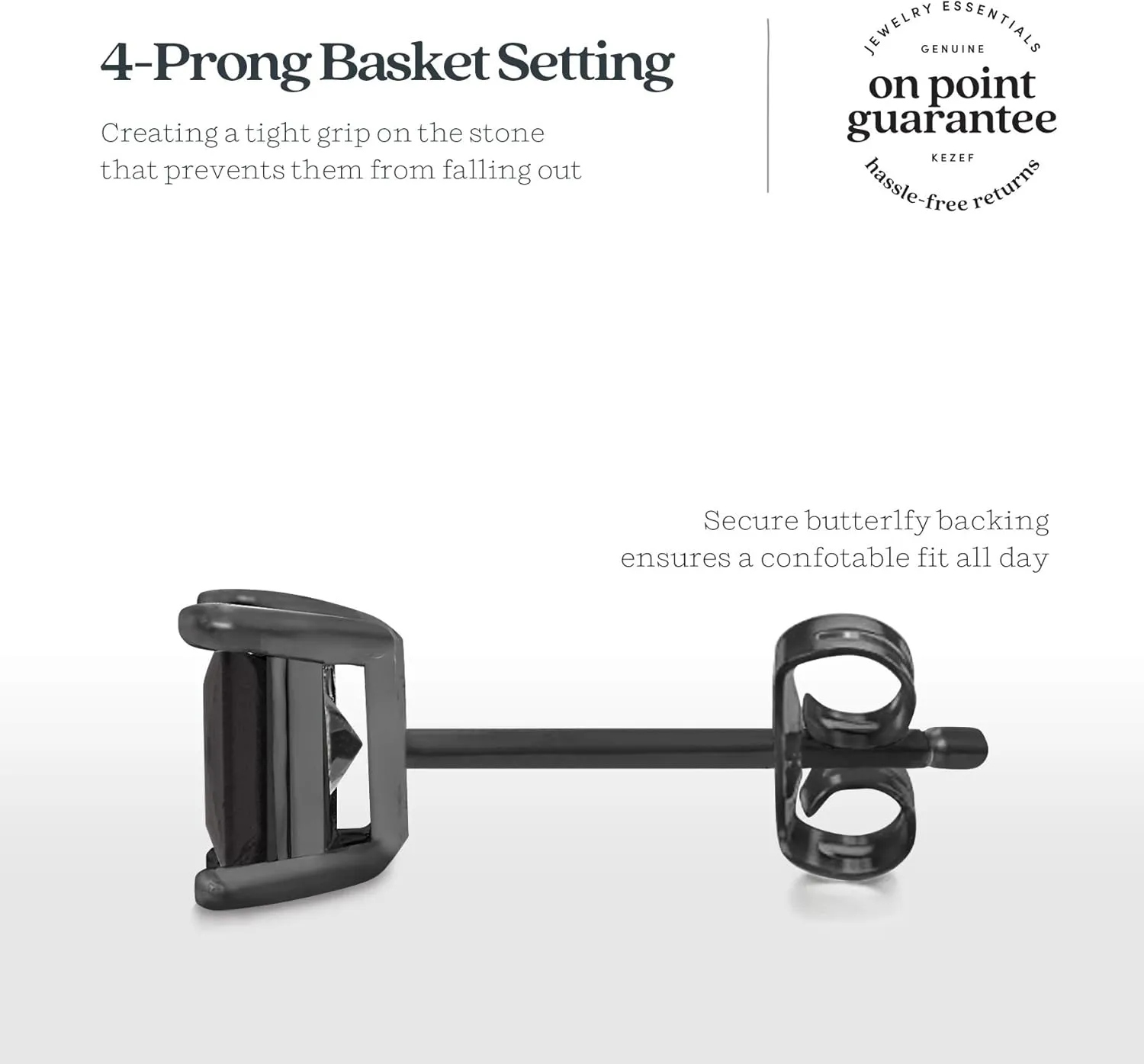 KEZEF Black CZ Stud Earrings for Men or Women, 14K White Gold, Yellow Gold, or Black Rhodium Plated Sterling Silver Studs, Princess Square Cut, 3-9mm, Hypoallergenic