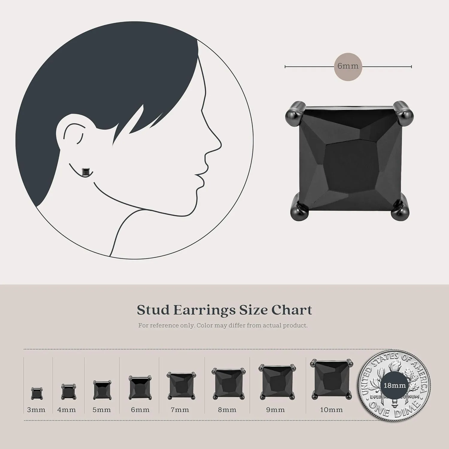 KEZEF Black CZ Stud Earrings for Men or Women, 14K White Gold, Yellow Gold, or Black Rhodium Plated Sterling Silver Studs, Princess Square Cut, 3-9mm, Hypoallergenic