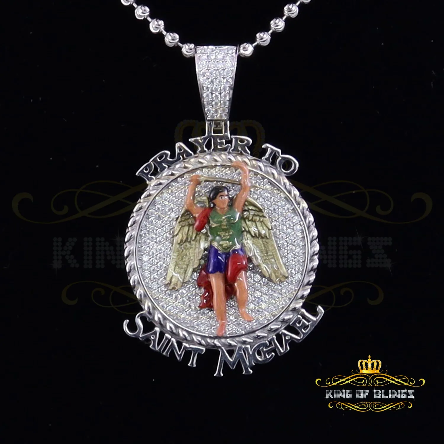 King Of Bling's 5.0ct Genuine Moissanite Sterling Silver White SAINT MICHAELPendant for He/She