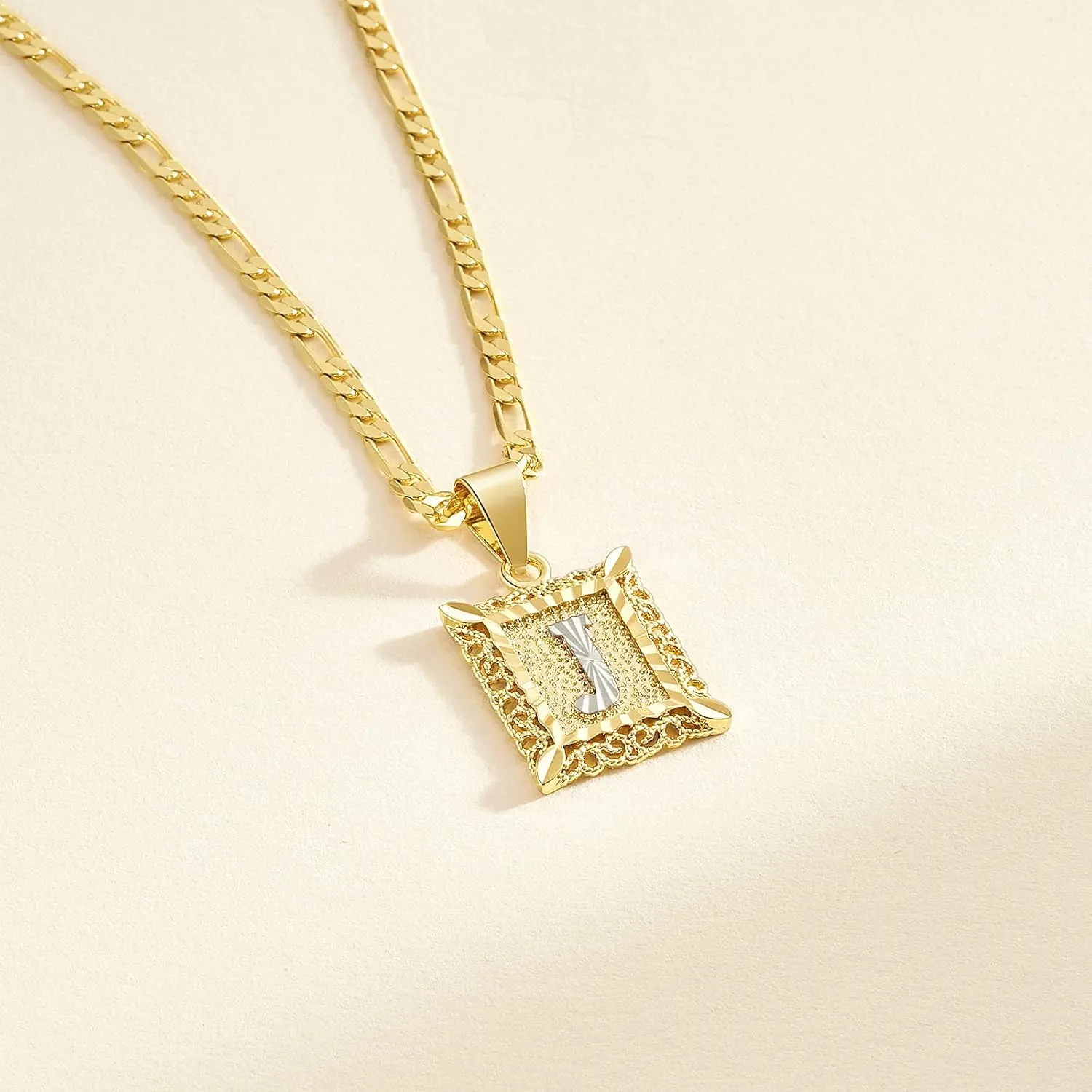 KissYan Initial Letter Pendant Necklace for Mens Womens, 14K Gold Plated Square Capital Monogram Necklaces Alhpabets from A-Z Figaro Chain Jewelry Gift