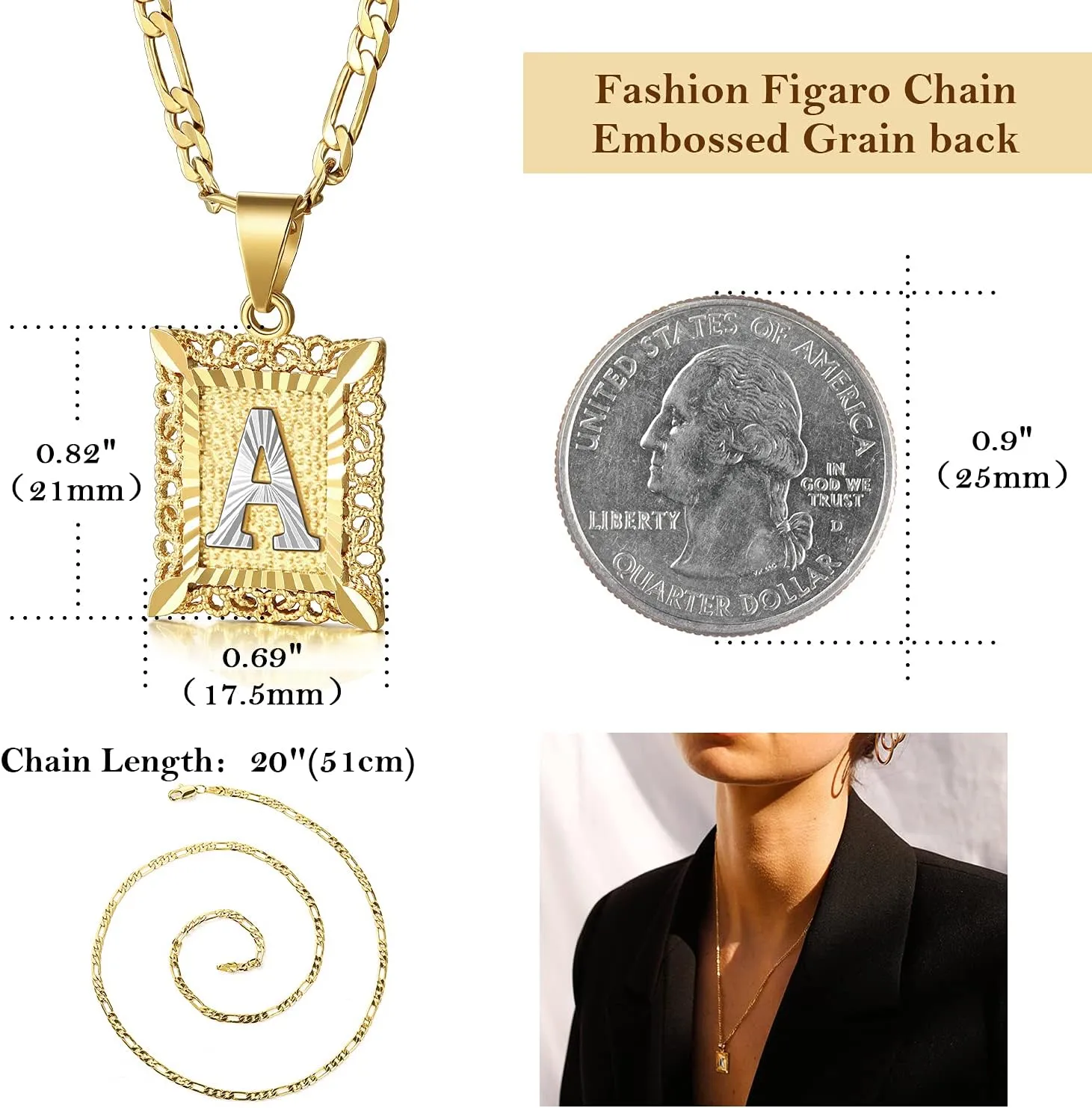 KissYan Initial Letter Pendant Necklace for Mens Womens, 14K Gold Plated Square Capital Monogram Necklaces Alhpabets from A-Z Figaro Chain Jewelry Gift