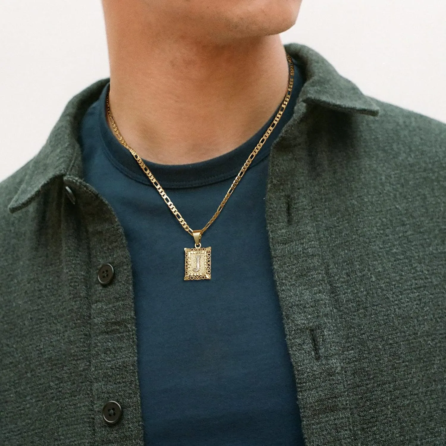 KissYan Initial Letter Pendant Necklace for Mens Womens, 14K Gold Plated Square Capital Monogram Necklaces Alhpabets from A-Z Figaro Chain Jewelry Gift