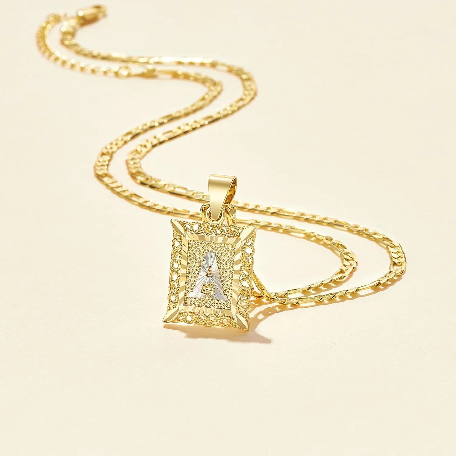 KissYan Initial Letter Pendant Necklace for Mens Womens, 14K Gold Plated Square Capital Monogram Necklaces Alhpabets from A-Z Figaro Chain Jewelry Gift