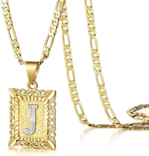 KissYan Initial Letter Pendant Necklace for Mens Womens, 14K Gold Plated Square Capital Monogram Necklaces Alhpabets from A-Z Figaro Chain Jewelry Gift