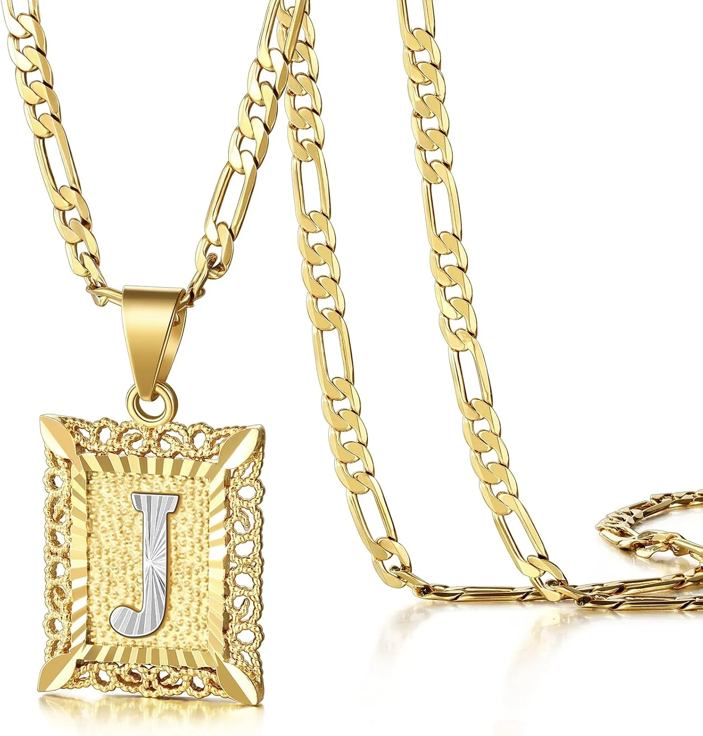 KissYan Initial Letter Pendant Necklace for Mens Womens, 14K Gold Plated Square Capital Monogram Necklaces Alhpabets from A-Z Figaro Chain Jewelry Gift