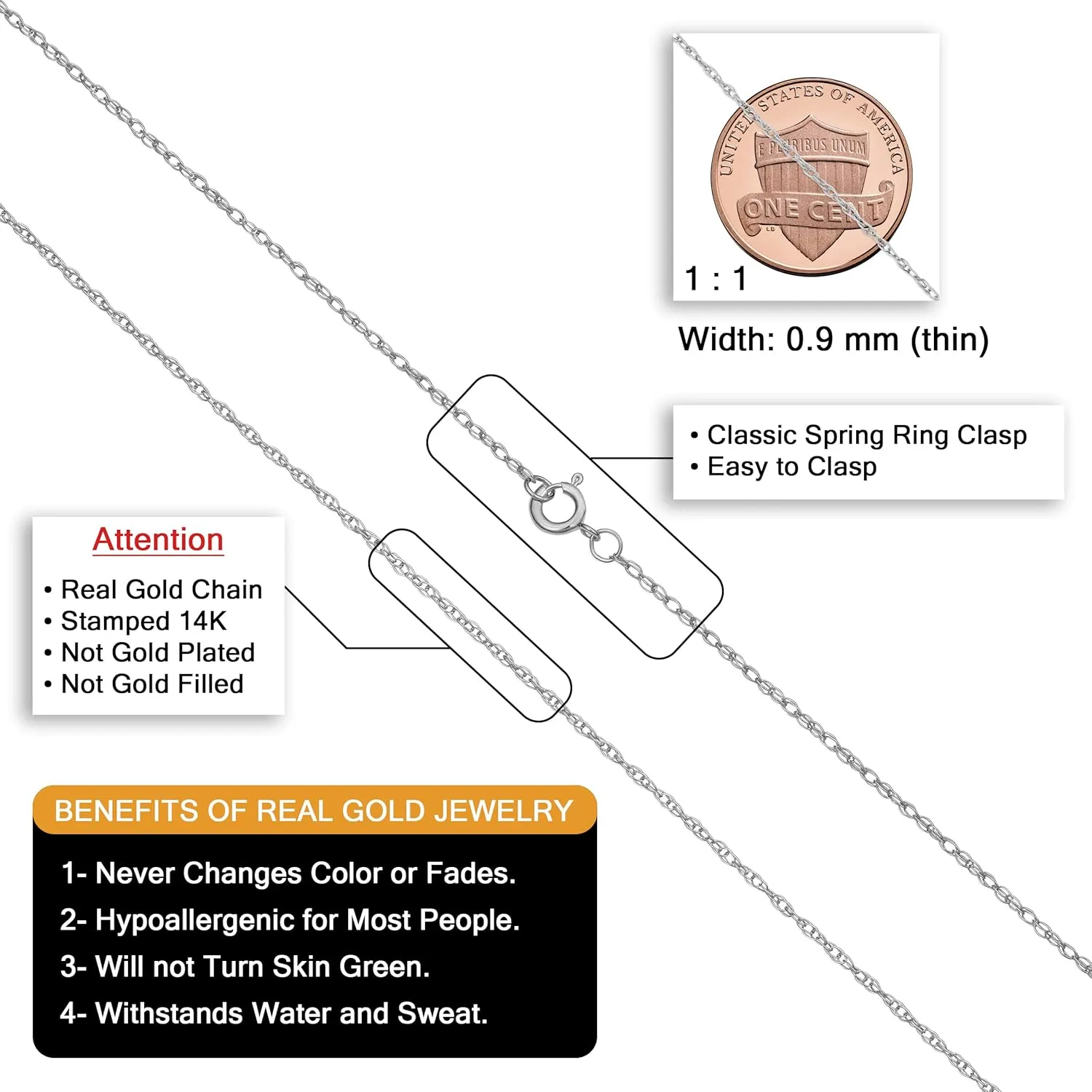 Kooljewelry 14k White Gold Rope Chain Barely-There Necklace For Women (0.7 mm, 0.9 mm, 1 mm or 1.3 mm) - Thin And Lightweight