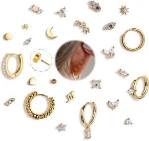 KRFY 25Pcs Hypoallergenic Surgical Steel Earrings for Sensitive Ears 14K Gold Plated Flat Back Cartilage Earrings for Women Men Screw Back Flatback Stud Hoop Earring Set for Multiple Piercing