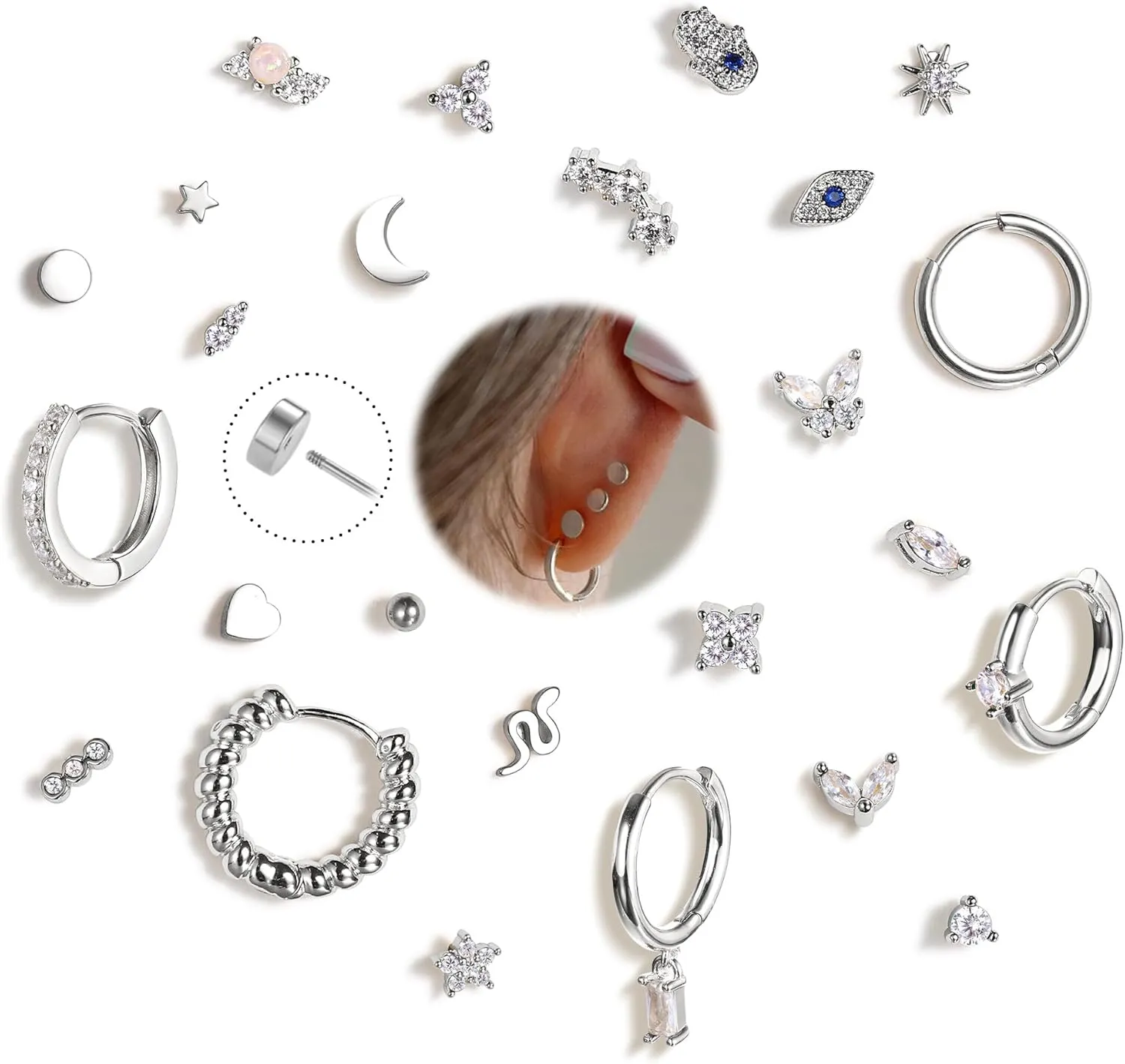 KRFY 25Pcs Hypoallergenic Surgical Steel Earrings for Sensitive Ears 14K Gold Plated Flat Back Cartilage Earrings for Women Men Screw Back Flatback Stud Hoop Earring Set for Multiple Piercing