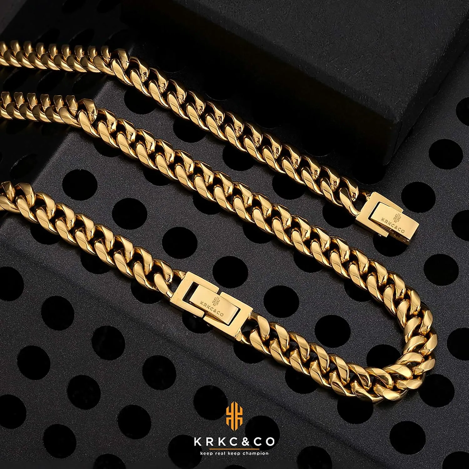 KRKC&CO 8/10/12/14mm Cuban Link Chain for Men, 18k Gold Miami Necklaces, Durable, Anti-Allergies Hypoallergenic Hip Hop Men's Jewelry Gift for Him, 18-26in