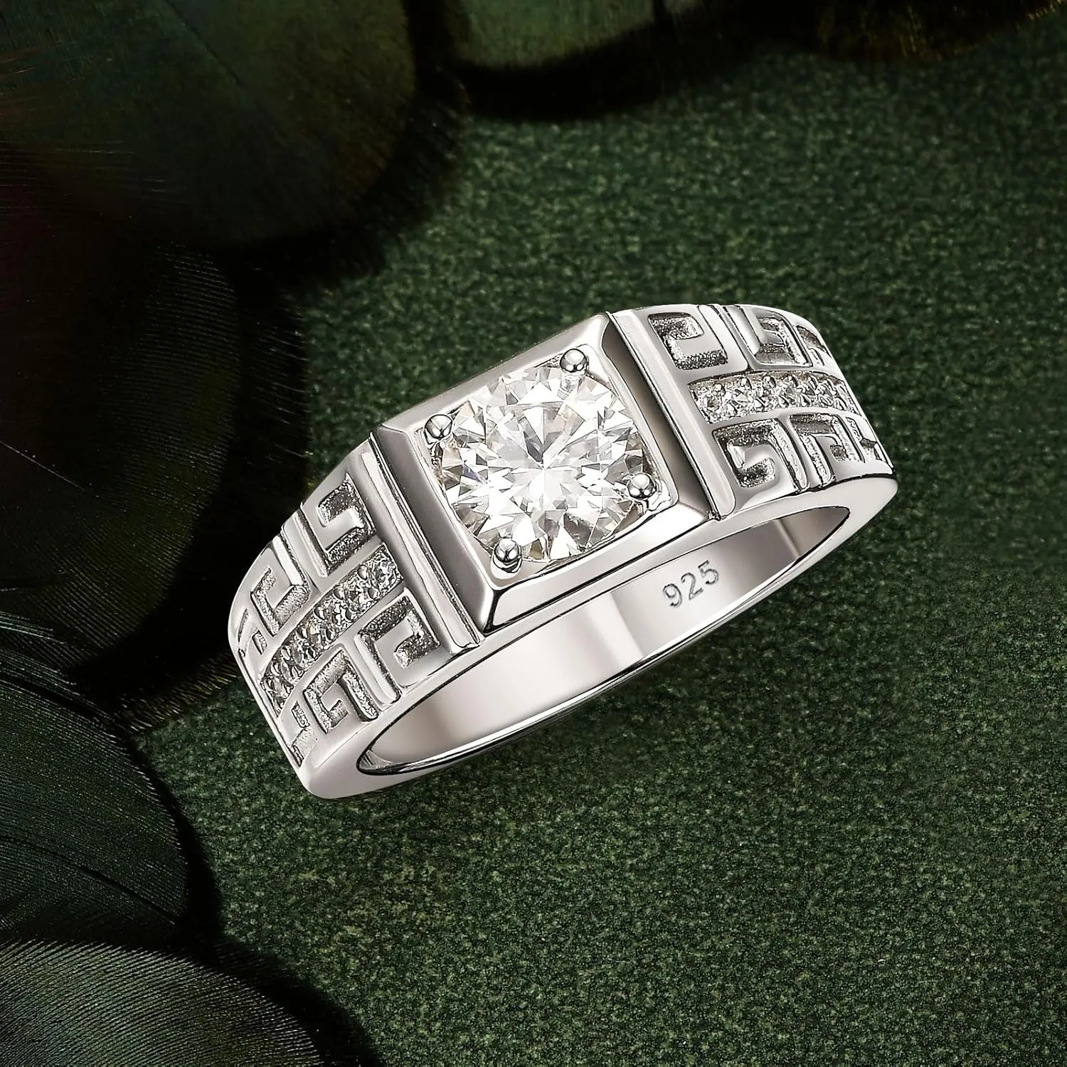 Lab Created Moissanite Stone Rings For Men Anniversary Wedding Band Patterned 925 Sterling Silver Engagement Ring 1.5cttw Round Cut D Color VVS1 Size 7-14