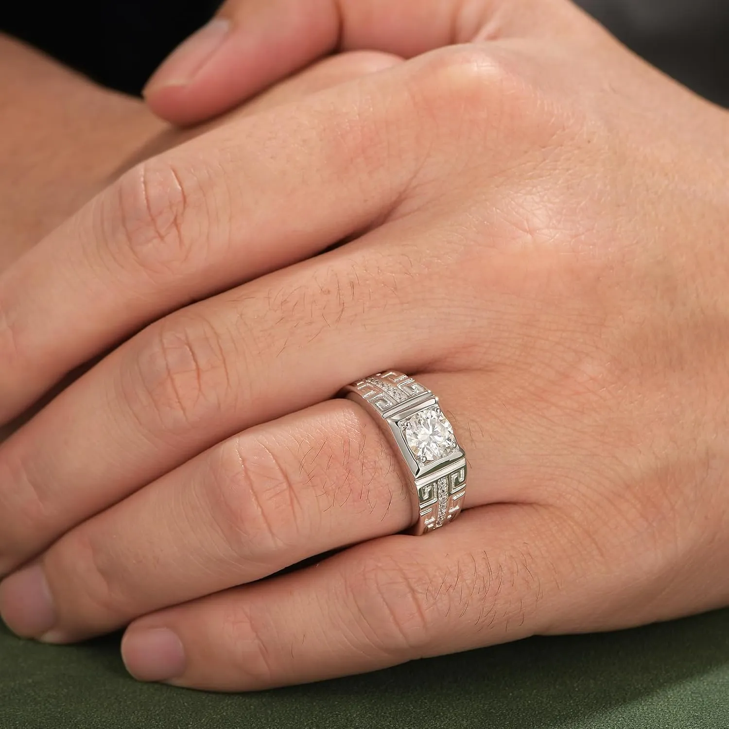 Lab Created Moissanite Stone Rings For Men Anniversary Wedding Band Patterned 925 Sterling Silver Engagement Ring 1.5cttw Round Cut D Color VVS1 Size 7-14