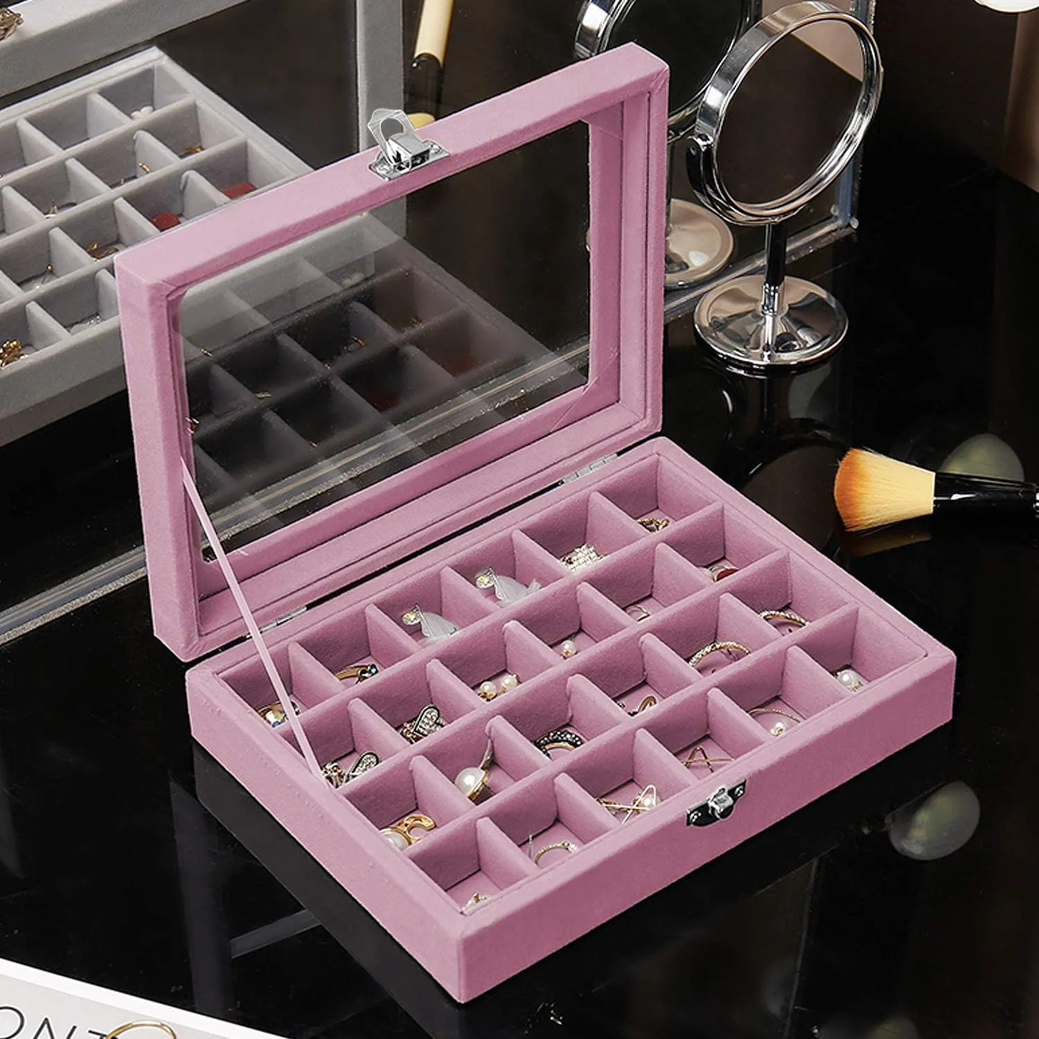 Lainrrew 24 Grid Velvet Jewelry Box, Jewelry Display Showcase Tray Earrings Rings Necklaces Bracelet Organizer Holder Jewelry Storage Box Case for Girls Women Mom Wife (Pink)
