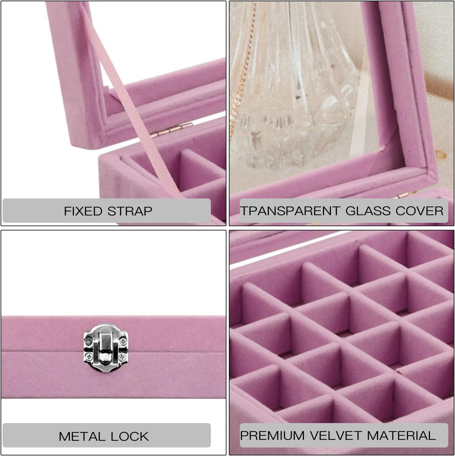 Lainrrew 24 Grid Velvet Jewelry Box, Jewelry Display Showcase Tray Earrings Rings Necklaces Bracelet Organizer Holder Jewelry Storage Box Case for Girls Women Mom Wife (Pink)