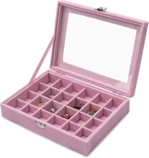 Lainrrew 24 Grid Velvet Jewelry Box, Jewelry Display Showcase Tray Earrings Rings Necklaces Bracelet Organizer Holder Jewelry Storage Box Case for Girls Women Mom Wife (Pink)