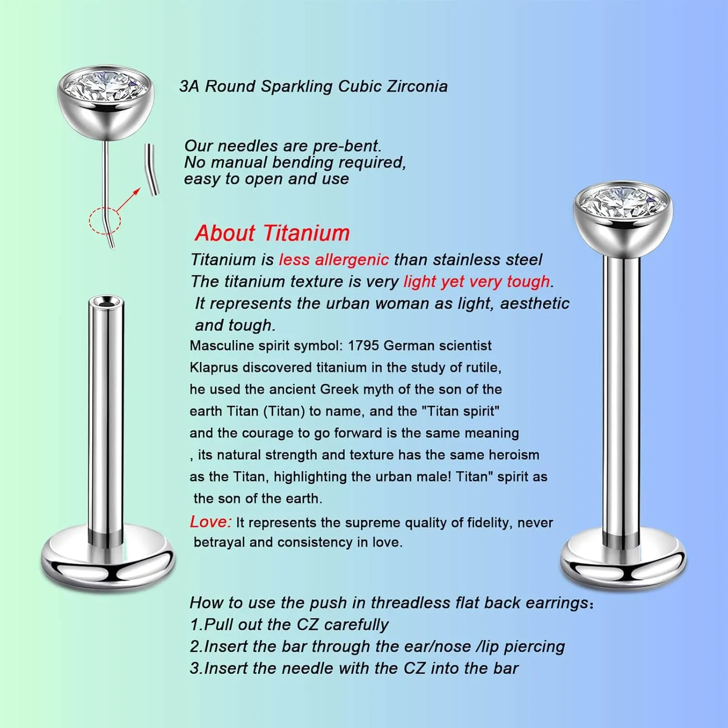 Lantine 20g 18g 16g Threadless Flat Back Nose Ring Stud G23 Titanium Flatback Stud Earrings Zircon Push in Nose Stud Lip Helix Tragus Inner Conch Rook Cartilage Daith Piercings Jewelry