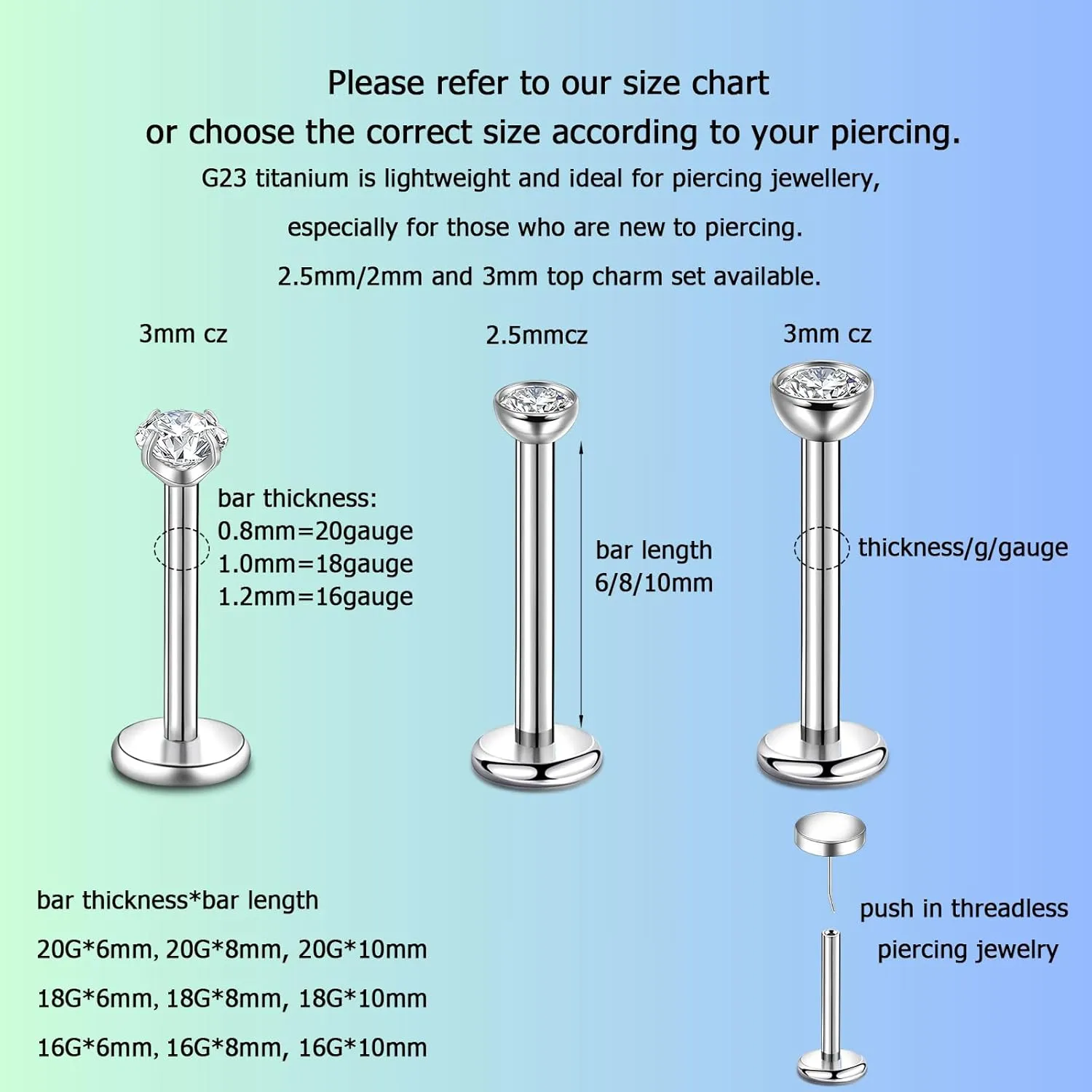 Lantine 20g 18g 16g Threadless Flat Back Nose Ring Stud G23 Titanium Flatback Stud Earrings Zircon Push in Nose Stud Lip Helix Tragus Inner Conch Rook Cartilage Daith Piercings Jewelry
