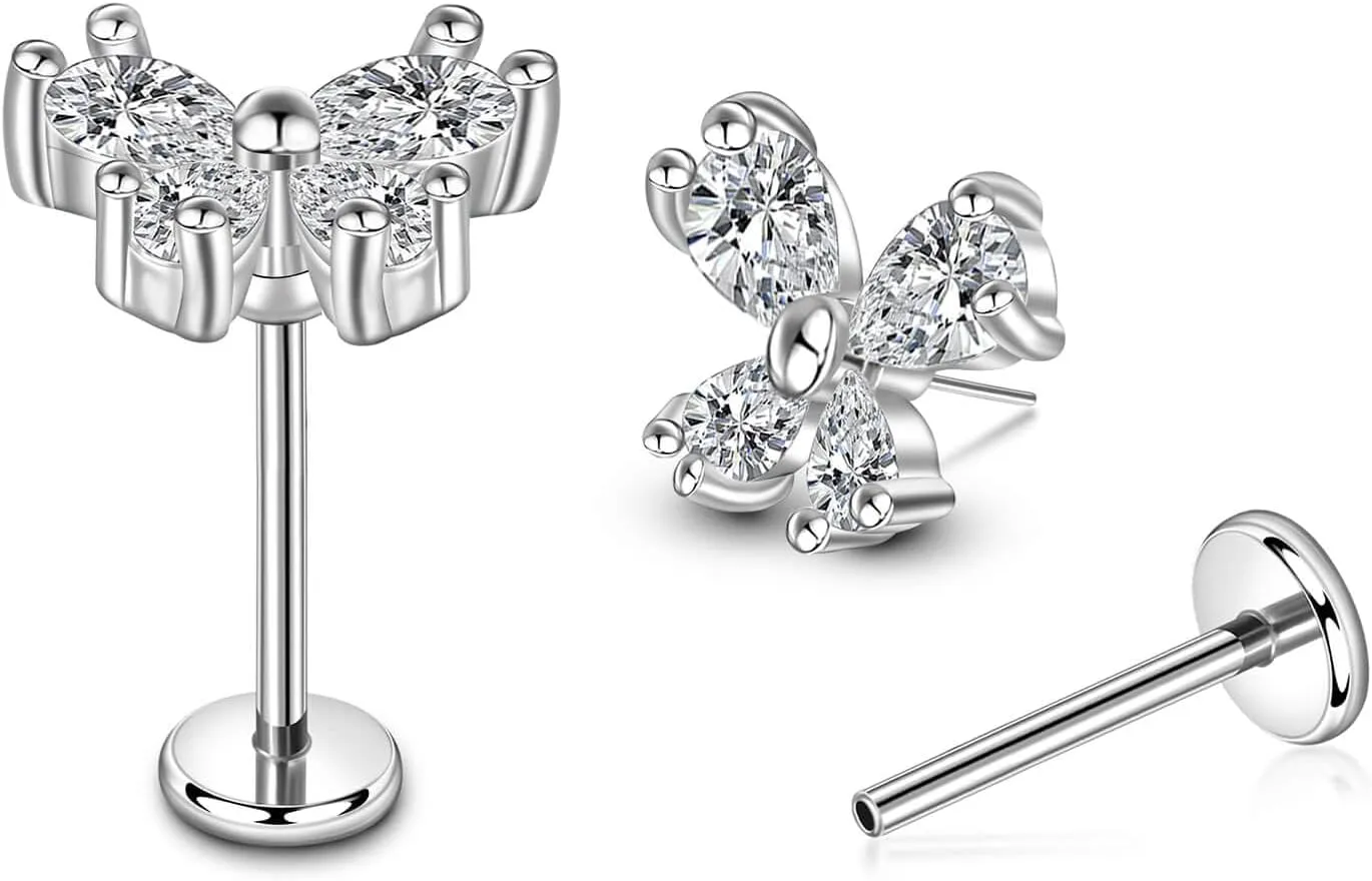 Lantine Cz Threadless Flat Back Stud Earrings Implant Grade Titanium Push in Nose Rings Studs Lip Labret Medusa Monroe Helix Daith Cartilage Tragus Lobe Piercing Jewelry