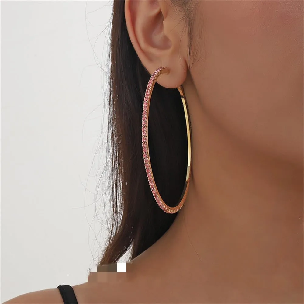 Large Rhinestone Hoop Earrings for Women Girls Hypoallergenic Extra Big 80mm Huggie CZ Hoops Dangle Drop Earring Fashion Chic Party Jewelry Gifts 3 inch