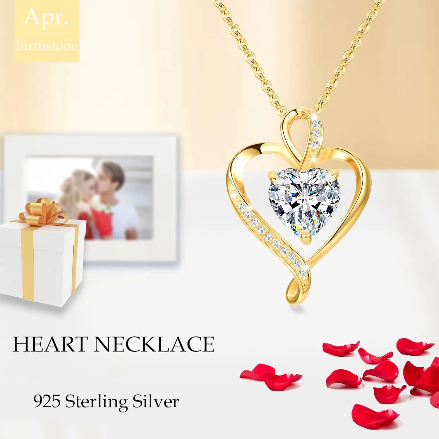 LAVUMO Heart Birthstone Necklace for Women Fine Jewelry 925 Sterling Silver Heart Necklace Dainty Pendant Anniversary Birthday Christmas Gifts for Her Girlfriend Wife Mom Lady Daughter Chain 18" 2"