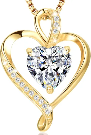 LAVUMO Heart Birthstone Necklace for Women Fine Jewelry 925 Sterling Silver Heart Necklace Dainty Pendant Anniversary Birthday Christmas Gifts for Her Girlfriend Wife Mom Lady Daughter Chain 18" 2"