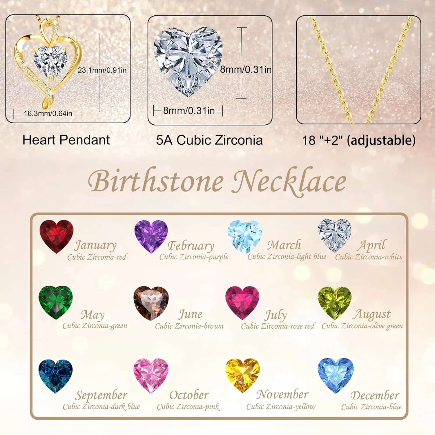 LAVUMO Heart Birthstone Necklace for Women Fine Jewelry 925 Sterling Silver Heart Necklace Dainty Pendant Anniversary Birthday Christmas Gifts for Her Girlfriend Wife Mom Lady Daughter Chain 18" 2"