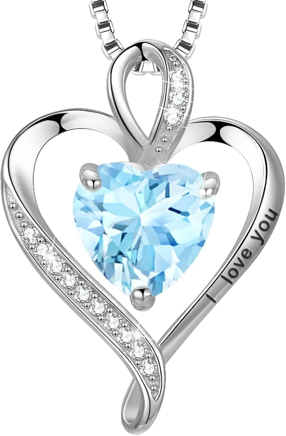 LAVUMO Heart Necklace for Women - I Love You 925 Sterling Silver Heart Birthstone Necklace, Jewelry Gift Box Set, Anniversary Birthday Gifts for Wife Mom Girlfriend Her