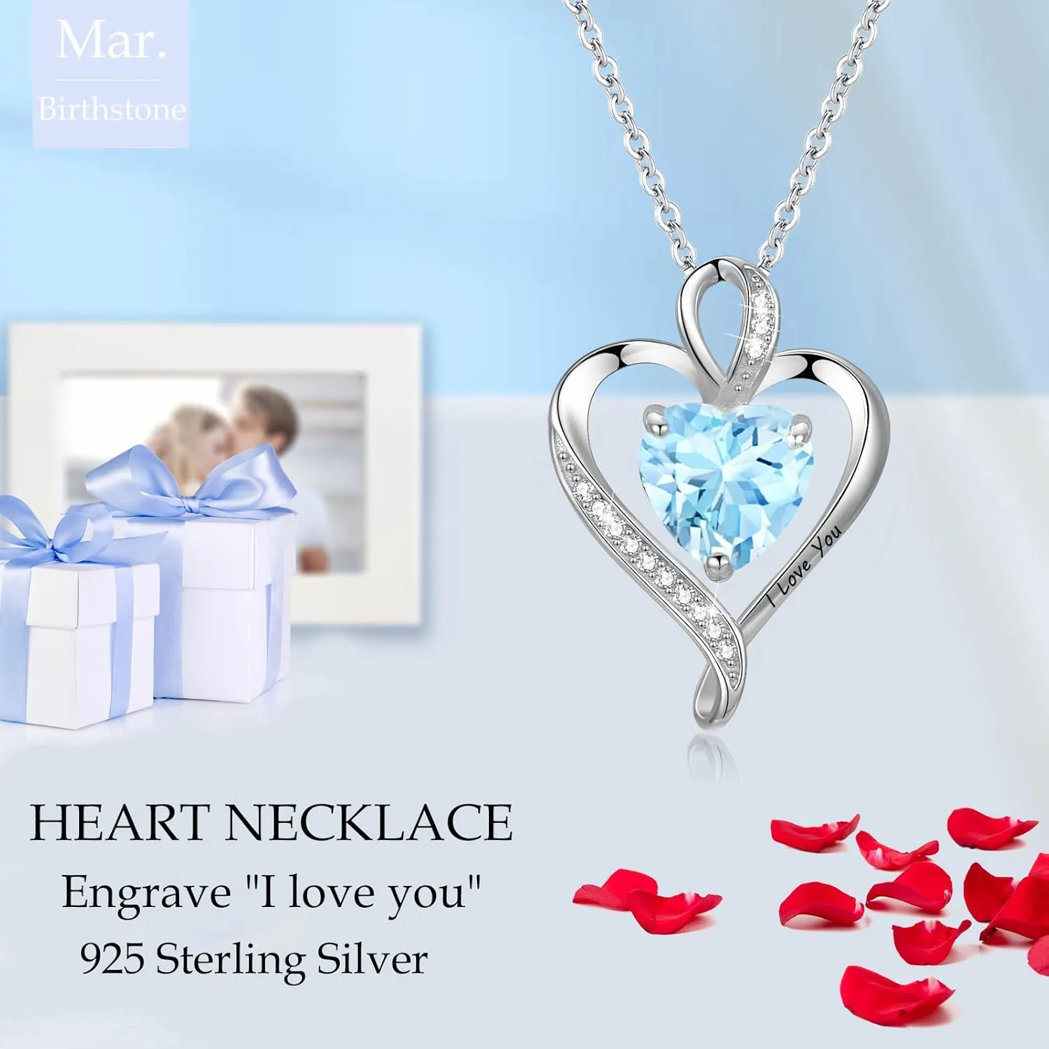 LAVUMO Heart Necklace for Women - I Love You 925 Sterling Silver Heart Birthstone Necklace, Jewelry Gift Box Set, Anniversary Birthday Gifts for Wife Mom Girlfriend Her