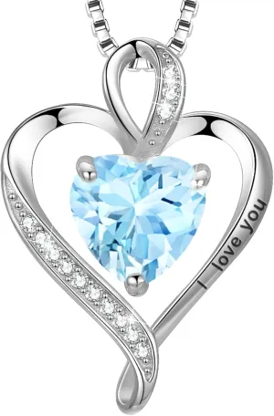 LAVUMO Heart Necklace for Women - I Love You 925 Sterling Silver Heart Birthstone Necklace, Jewelry Gift Box Set, Anniversary Birthday Gifts for Wife Mom Girlfriend Her