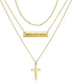 Layered Cross Bible Verse Necklaces, 14K Gold Plated Christian Religious Confirmation Inspirational Jewelry Gifts