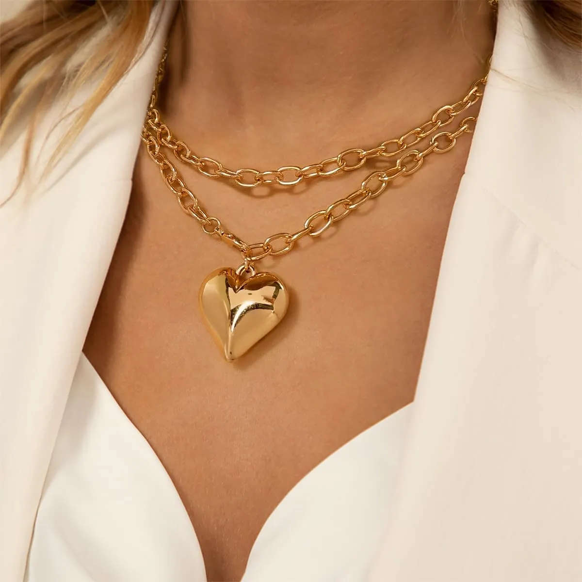 Layered Puffy Heart Necklaces For Women Gold And Silver Plated Heart Pendant Necklace Long Chain Necklace