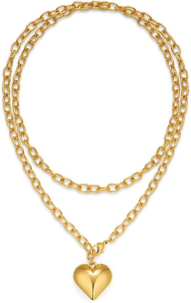 Layered Puffy Heart Necklaces For Women Gold And Silver Plated Heart Pendant Necklace Long Chain Necklace