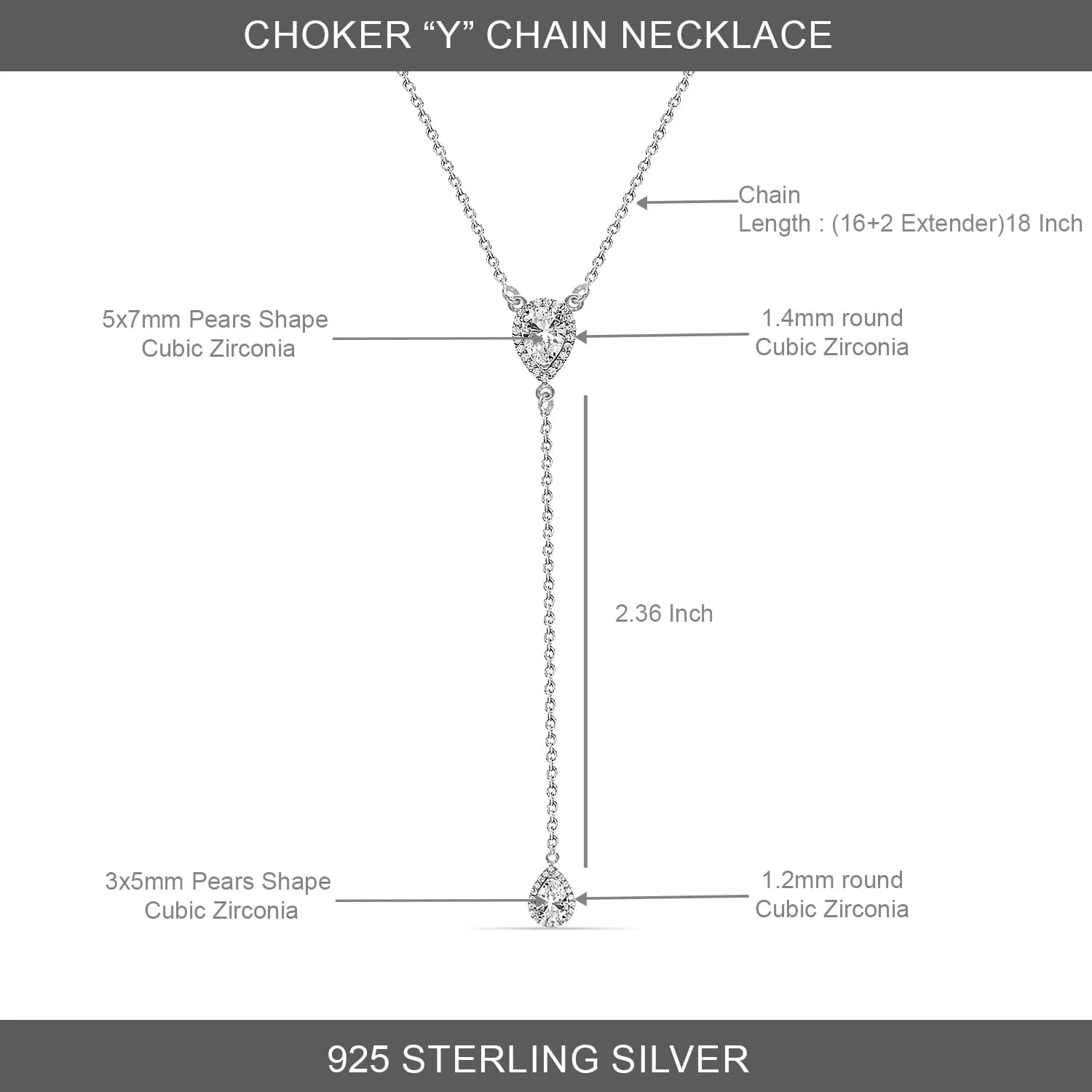 LeCalla 925 Sterling Silver CZ Necklace for Women Jewelry Lightweight Adjustable Lariat Zirconia Choker Y Chain Necklace